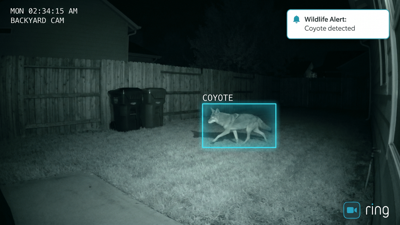 A Ring camera snapshot with a coyote detected on the property and identified by Wildlife Alert